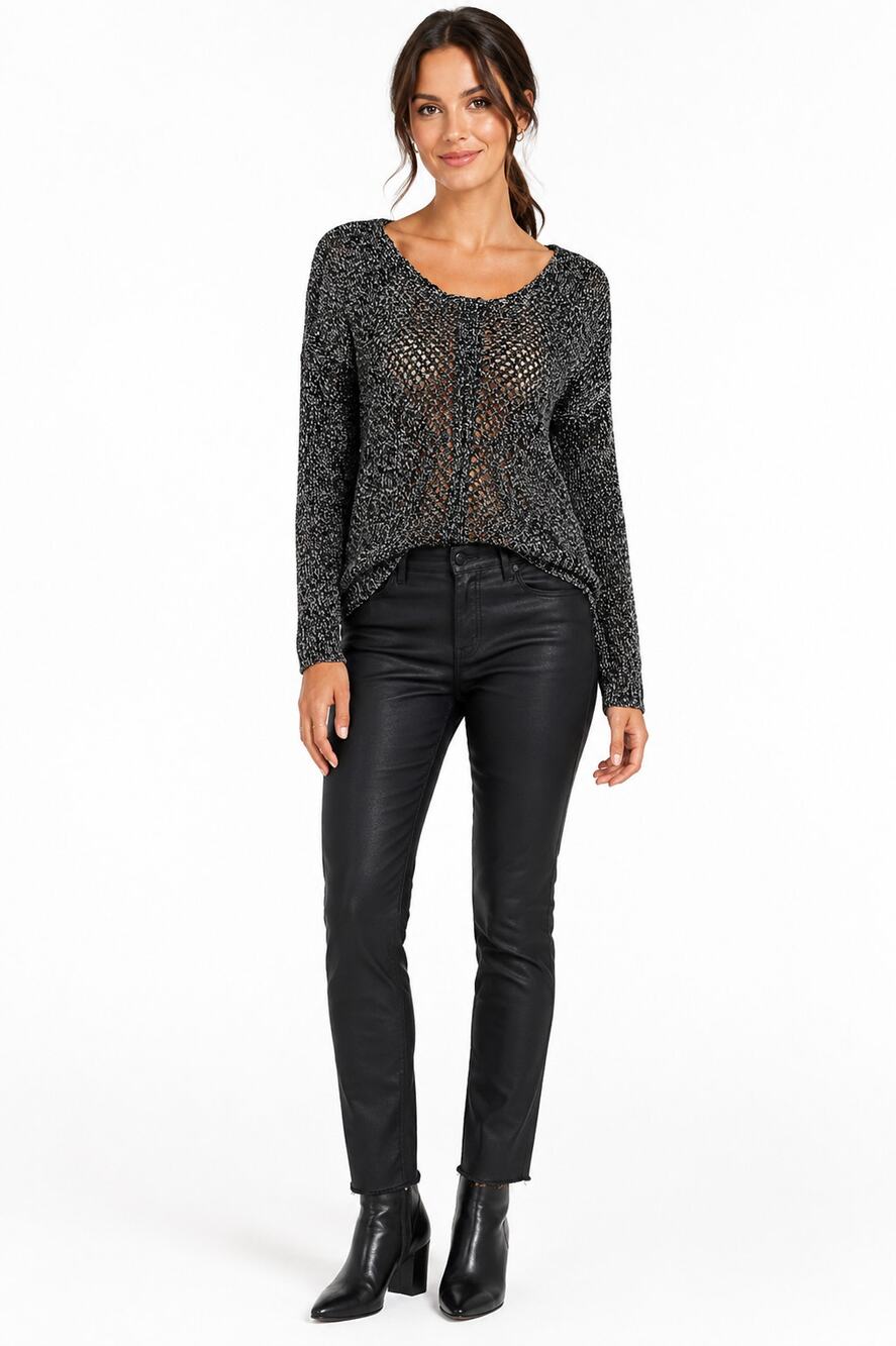 Rock & Republic Metallic Open Knit Sweater Black Silver Sheer Y2K Small